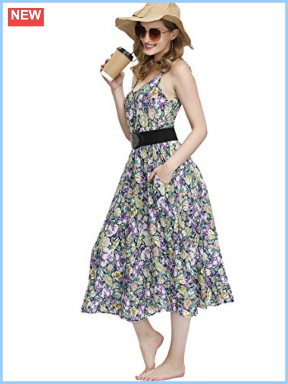 Women's V Neck Floral Maxi Dress Boho Sleeveless Adjustable Spaghetti Strap